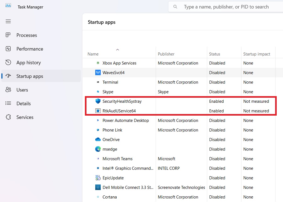 Startup apps enabled in Task Manager. 