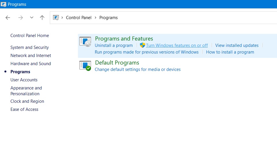 Click "Turn Windows features on or off" in Control Panel. 