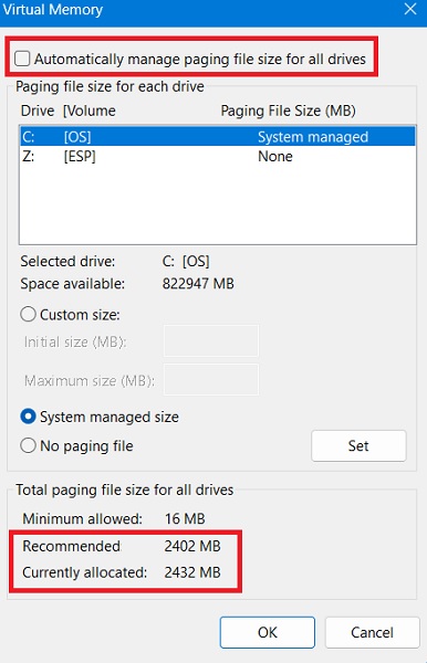 Compare virtual memory size to recommended and allocated values. 