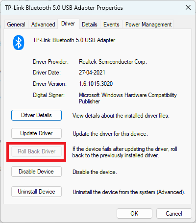 Driver properties page with "Roll Back Driver" button available.
