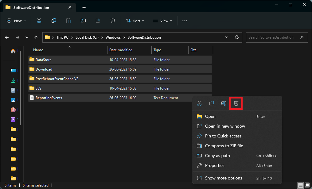 Deleting contents from the SoftwareDistribution folder.