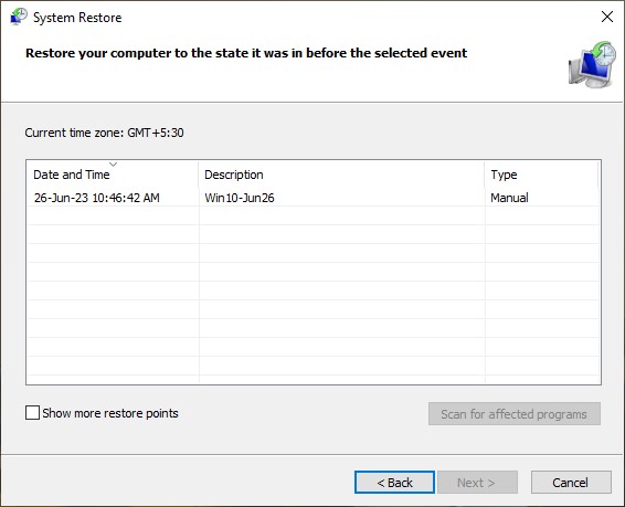 System Restore window view. 