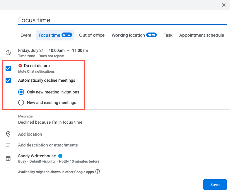 Focus Time Do Not Disturb and Decline boxes