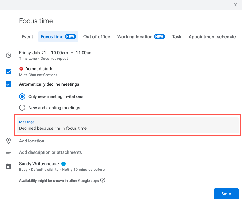 Focus Time Message field