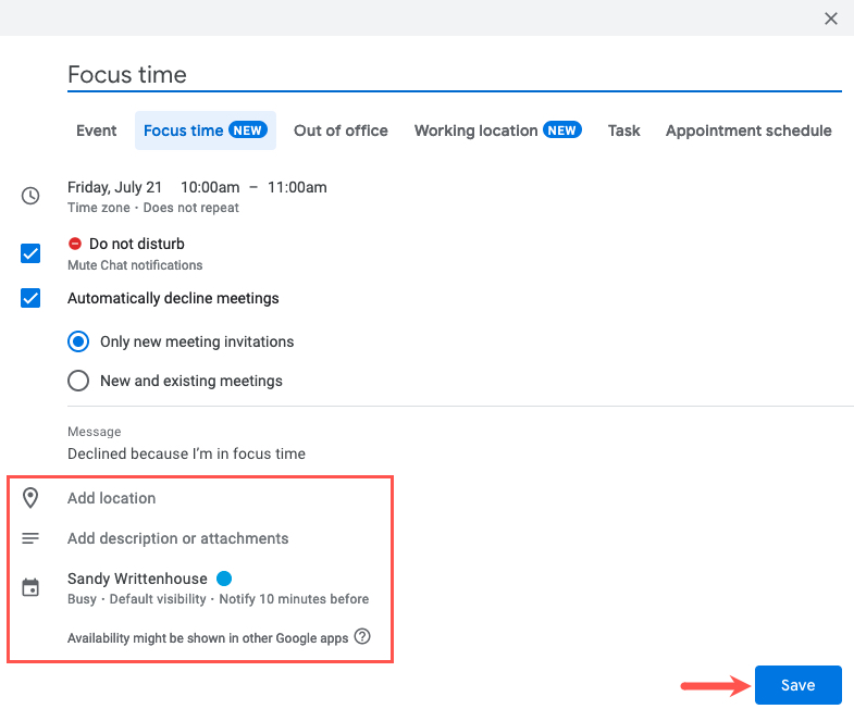 Focus Time options and Save button