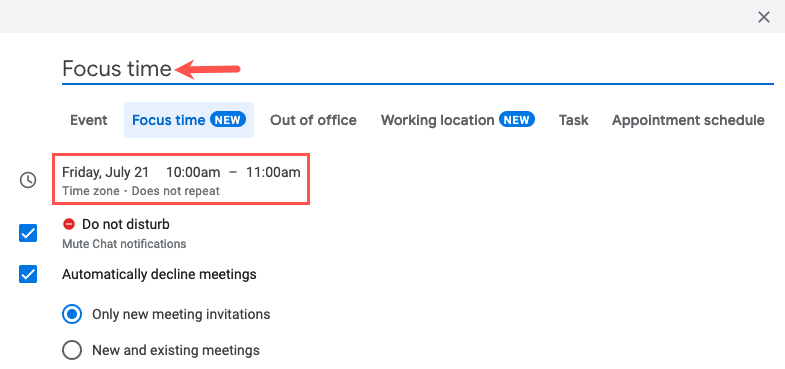 Focus Time title and date