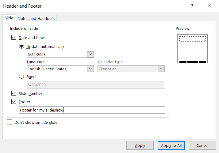 Footer settings in PowerPoint