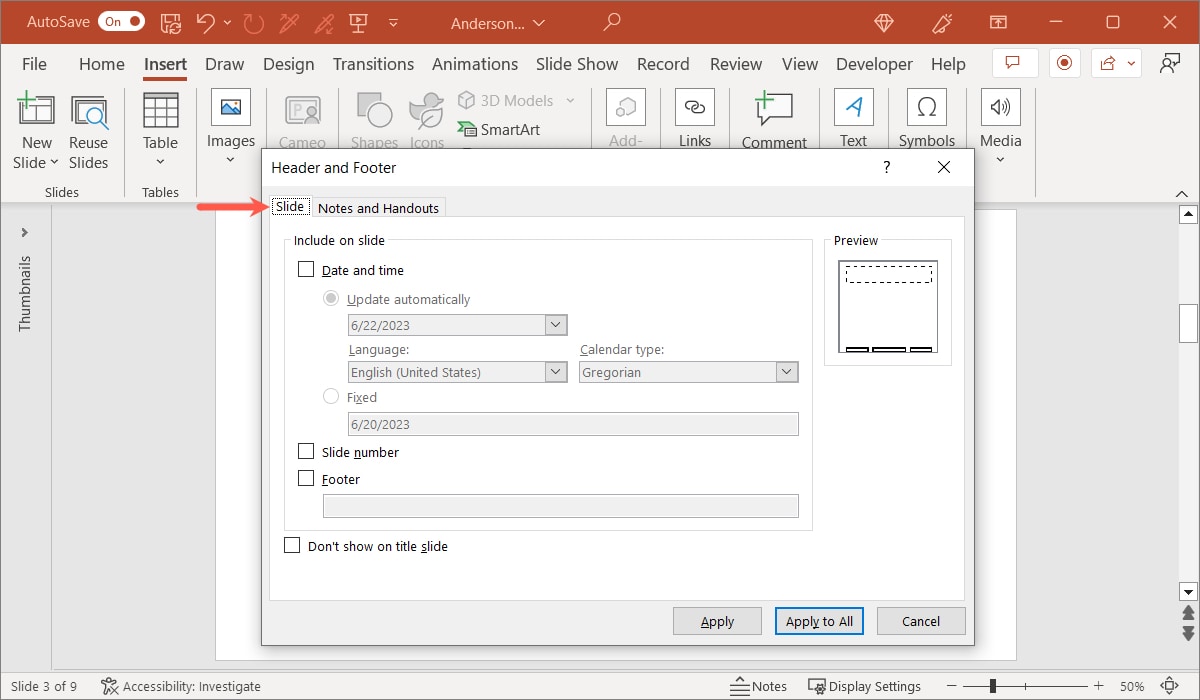 Footer Slide tab in PowerPoint