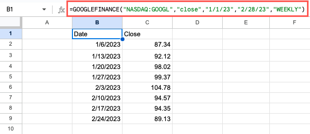 GOOGLEFINANCE function for historical data
