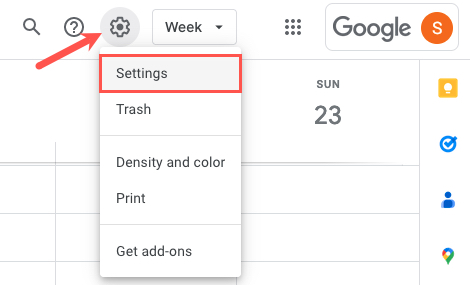 Gear icon Settings in Google Calendar