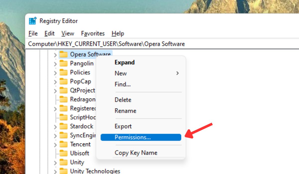 Selecting "Permissions" from the key context menu. 