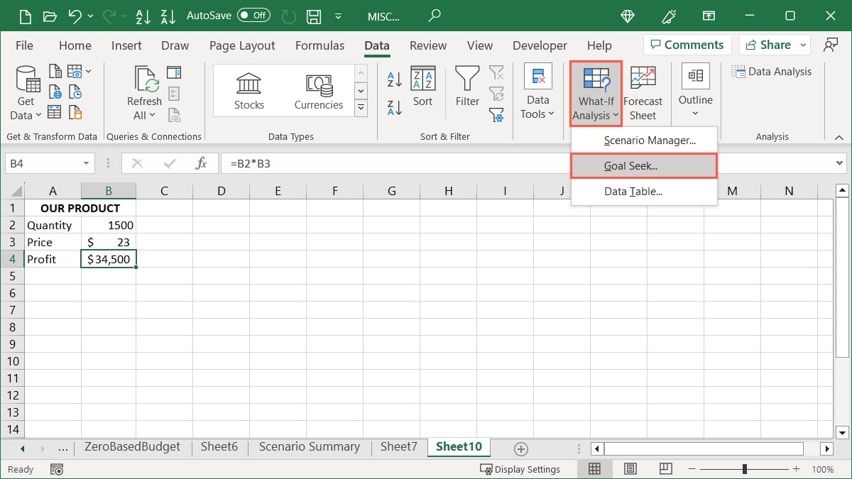 Goal Seek in the What-If Analysis menu