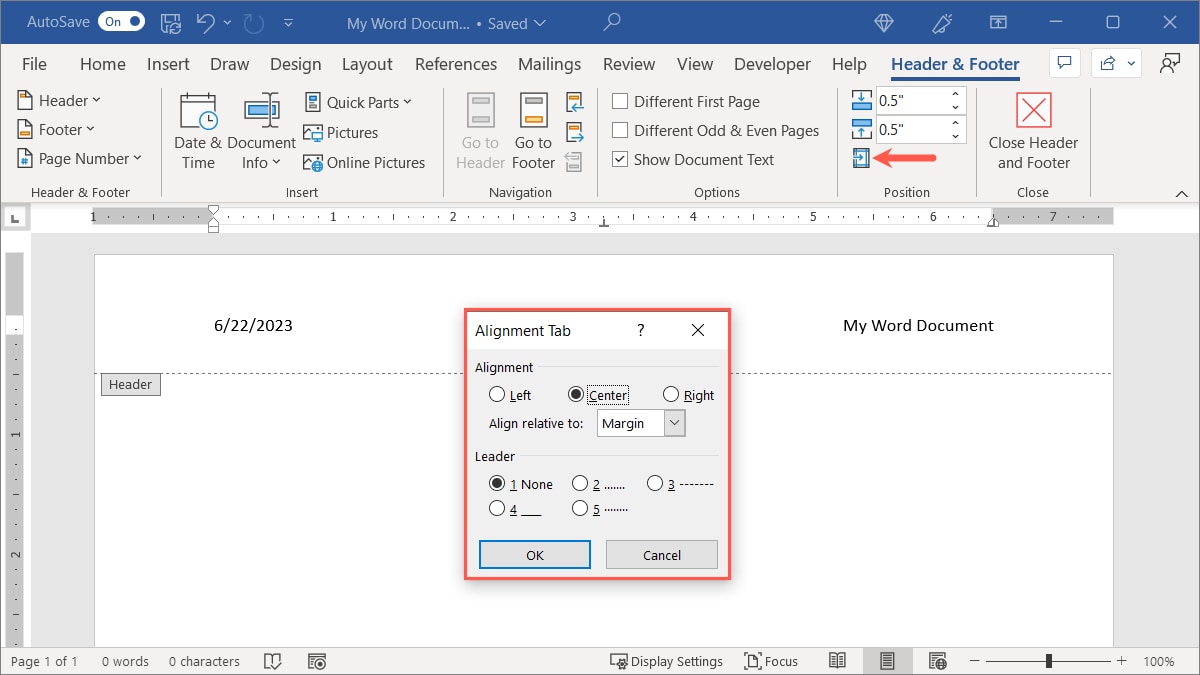 Header Alignment in Word