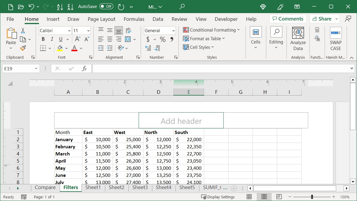 Header area in Excel
