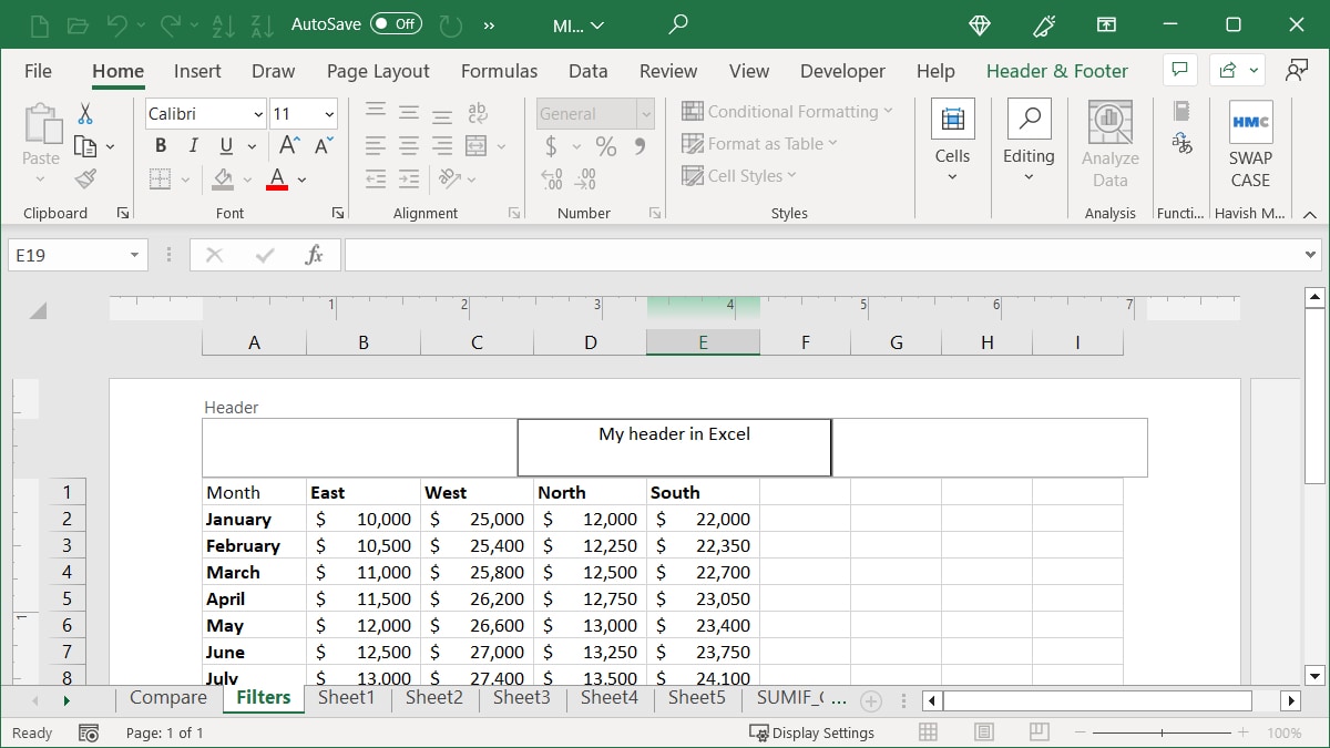 Header with custom text in Excel