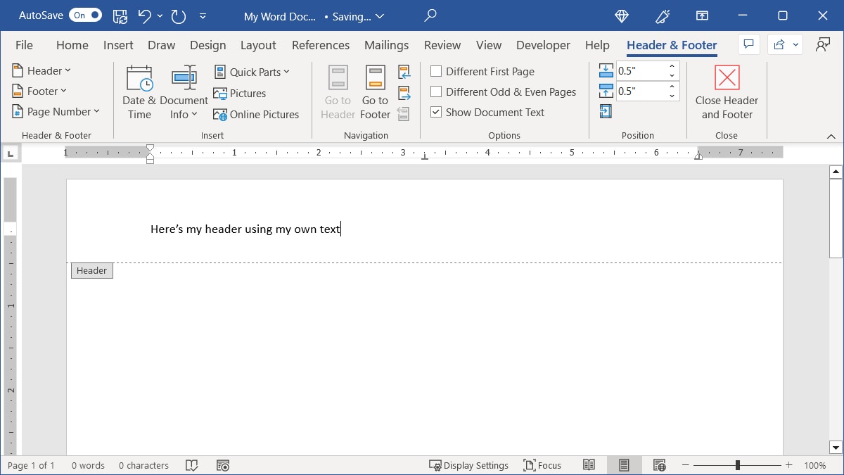 Header with custom text in Word