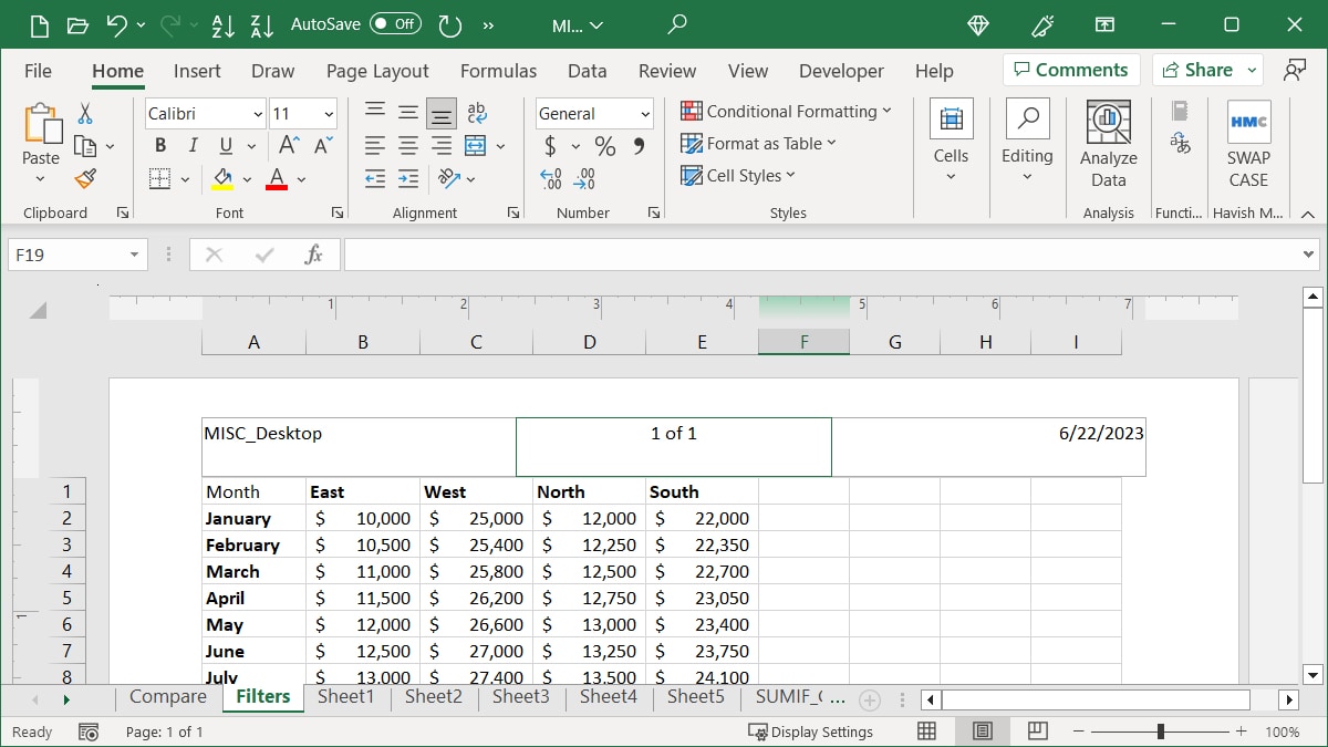 Edited a header in Excel