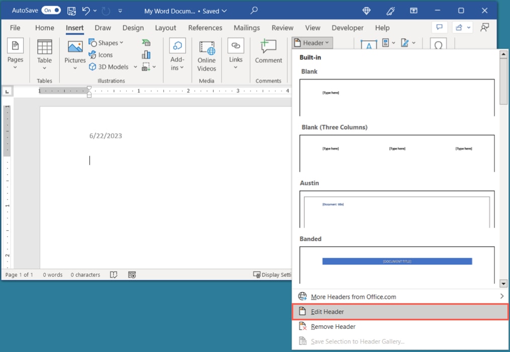 Edit Header in Word