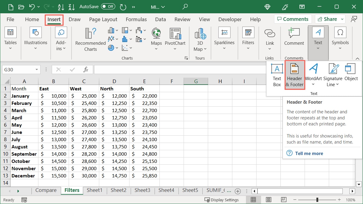 Header and Footer on the Insert tab in Excel