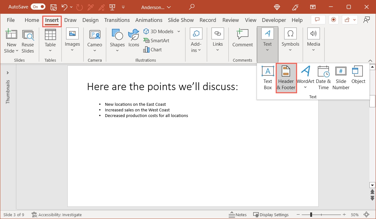 Header and Footer on the Insert tab in PowerPoint