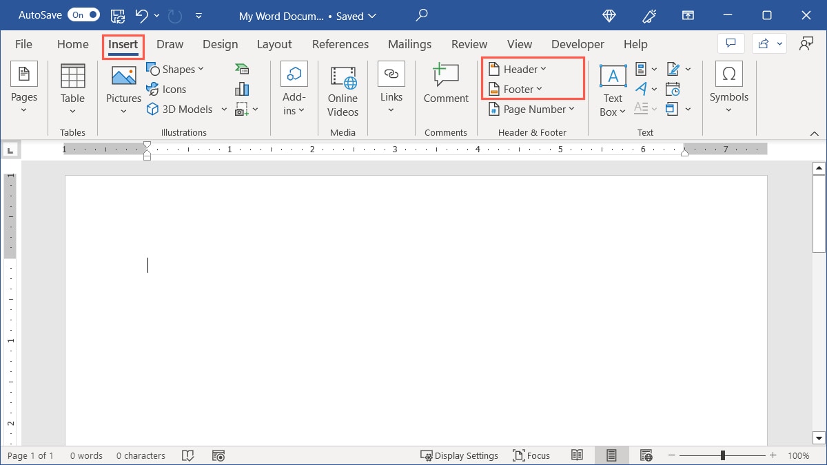 Header and Footer on the Insert tab 