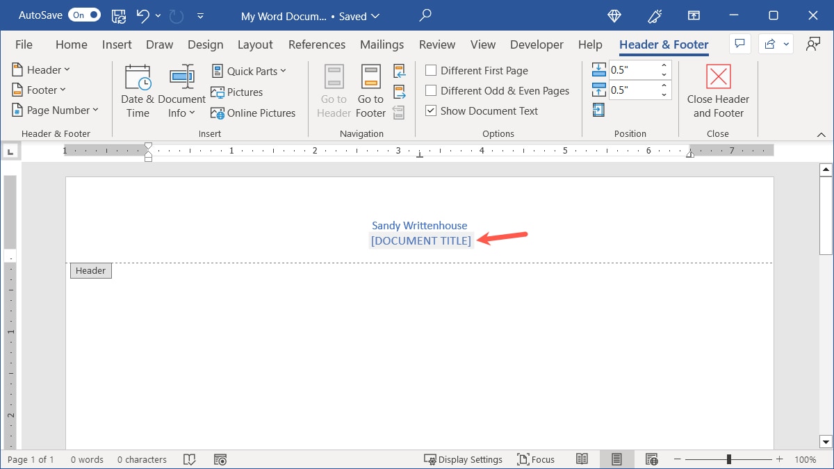 Header preset inserted in Word