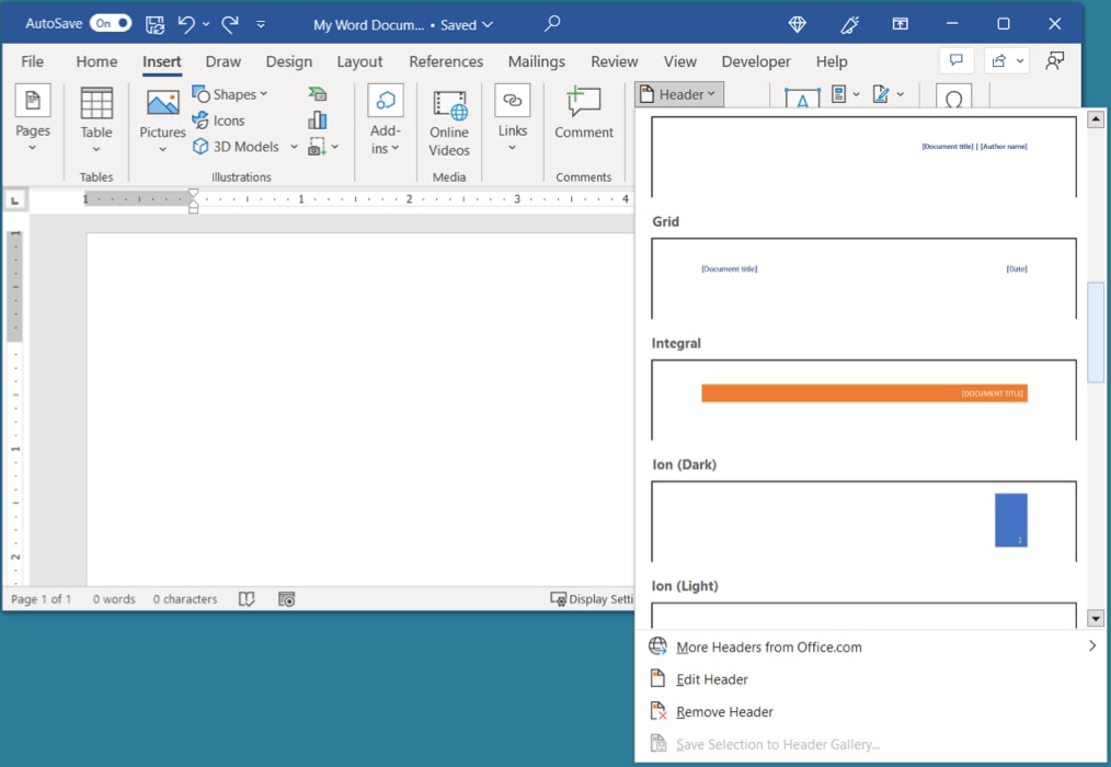 Header presets in Word