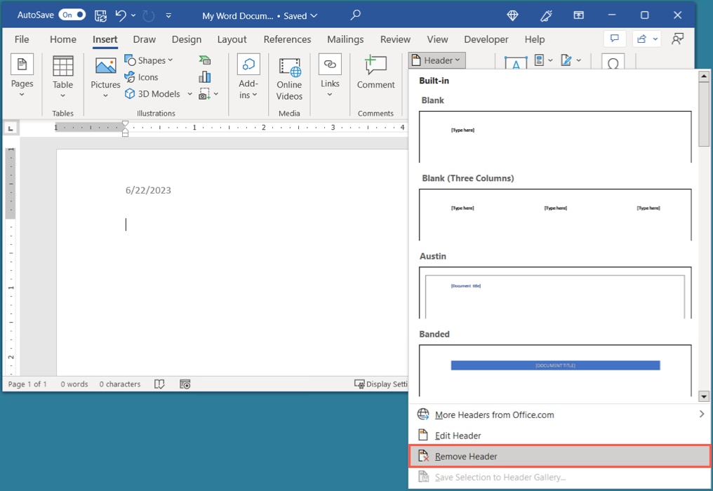 Remove Header in Word
