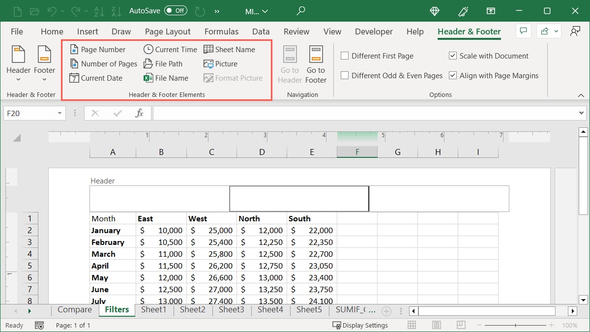 Header details in Excel