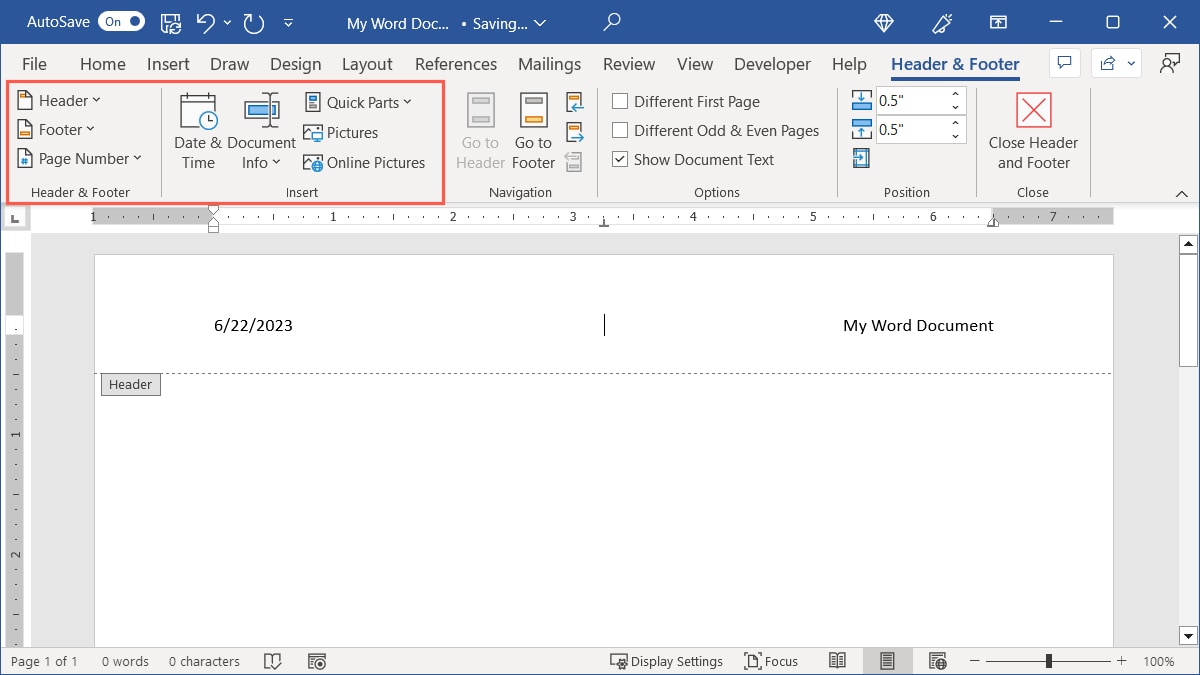 Header details in Word