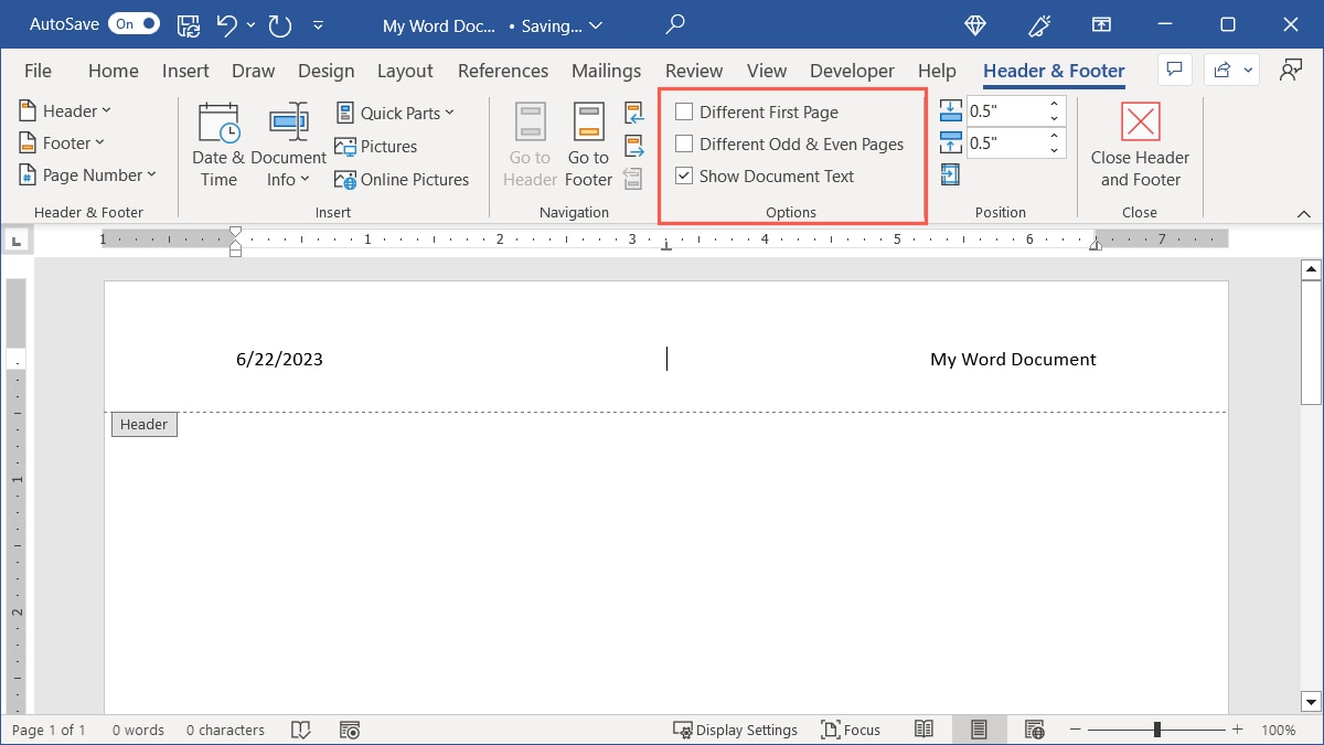 Header Options in Word