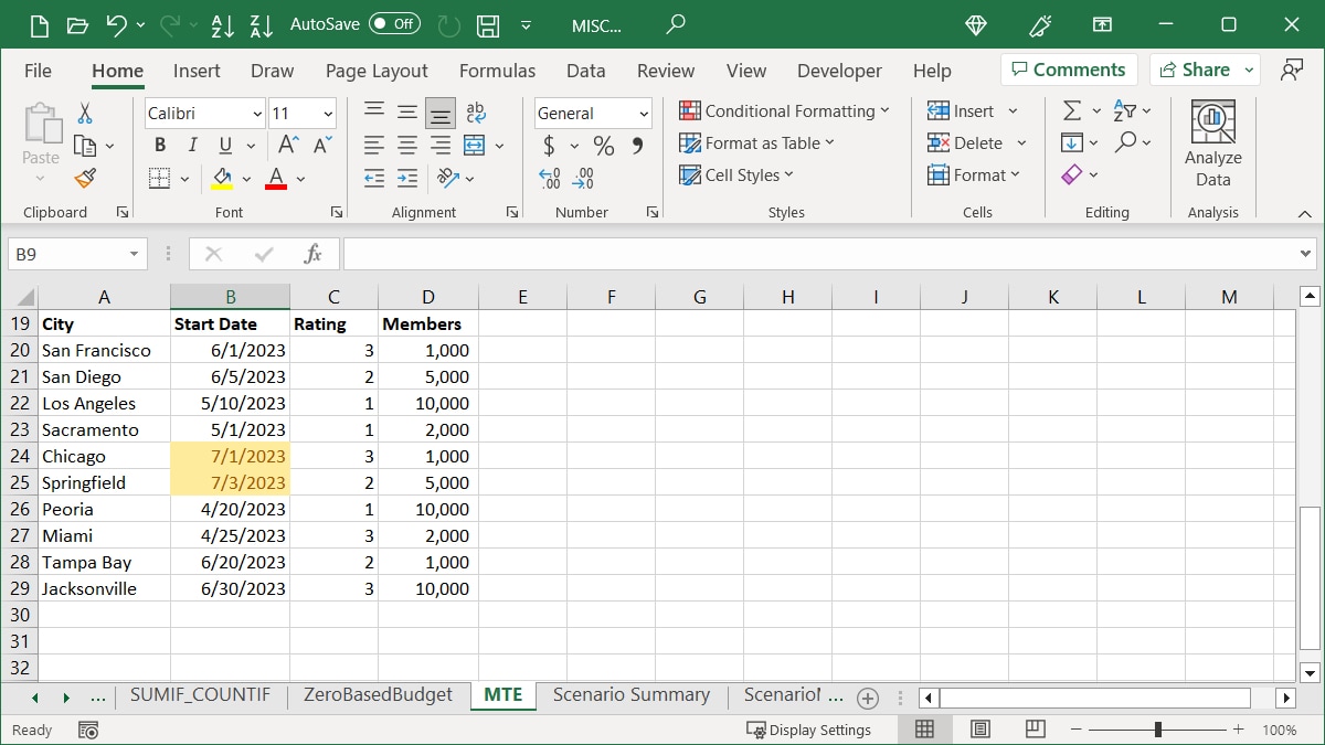 Highlight Cell Rules Date formatting applied