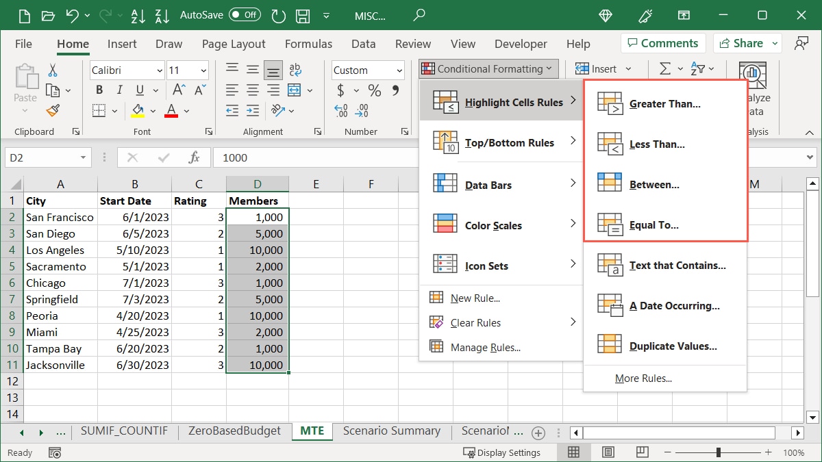 Highlight Cell Rules value options