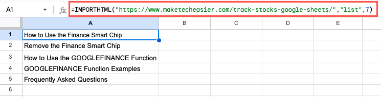 IMPORTHTML function with a list