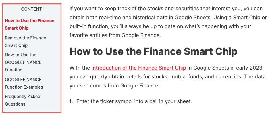 Table of contents for an article
