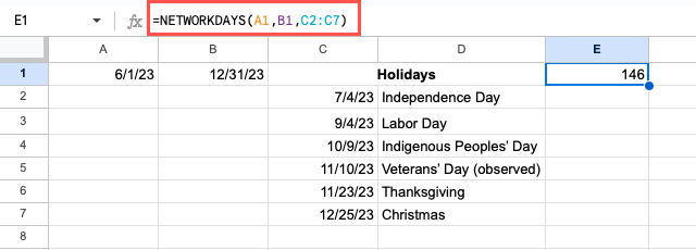 NETWORKDAYS function with holidays
