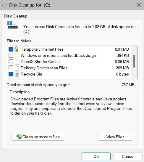 Clicking on "Clean up system files" in Disk Cleanup app.