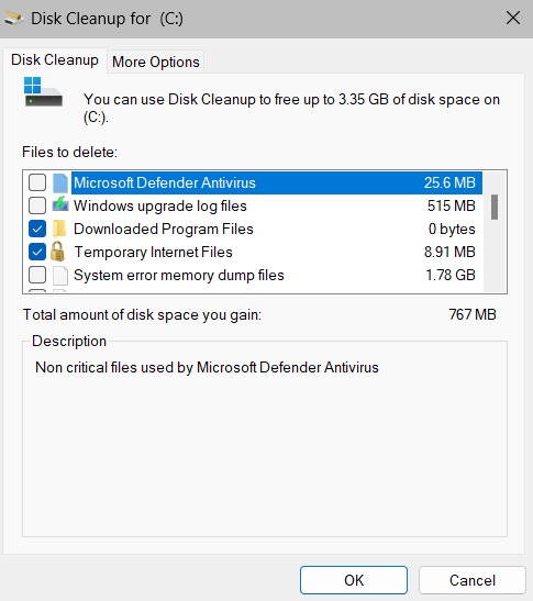 Selecting files to delete in Disk Cleanup.