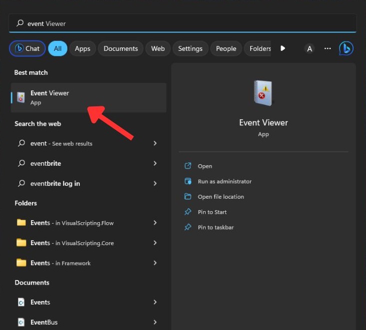 Typing "Event Viewer" in Windows Search.