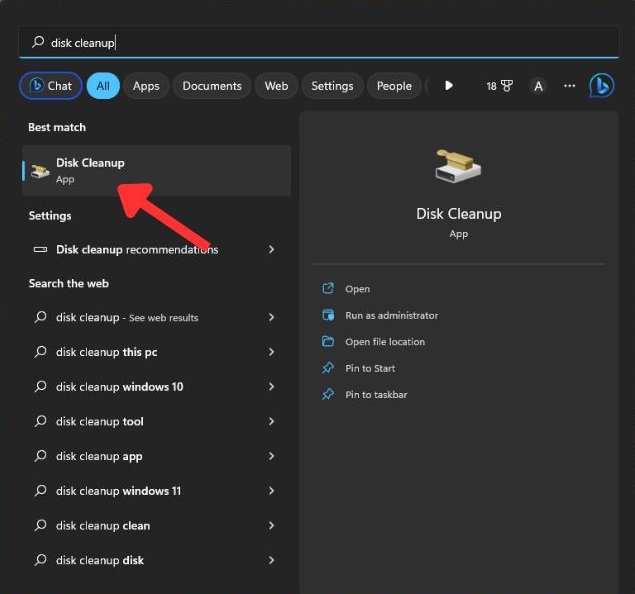 Clicking on "Disk Cleanup" in Windows Search.