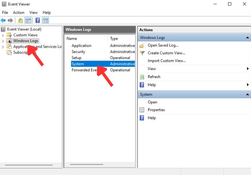Accessing "Windows Logs" in Event Viewer.