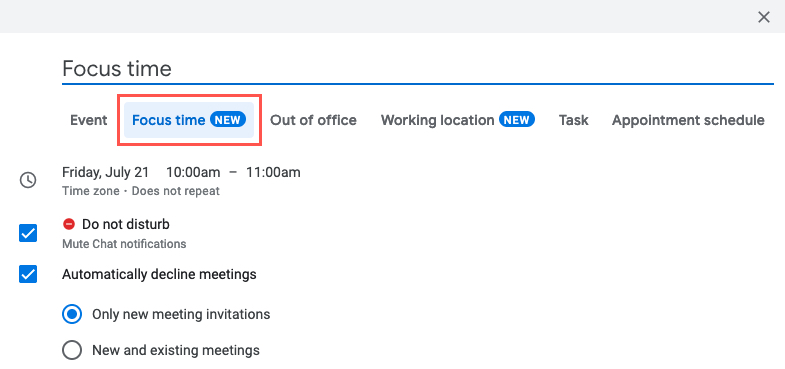 New Event for Focus Time in Google Calendar