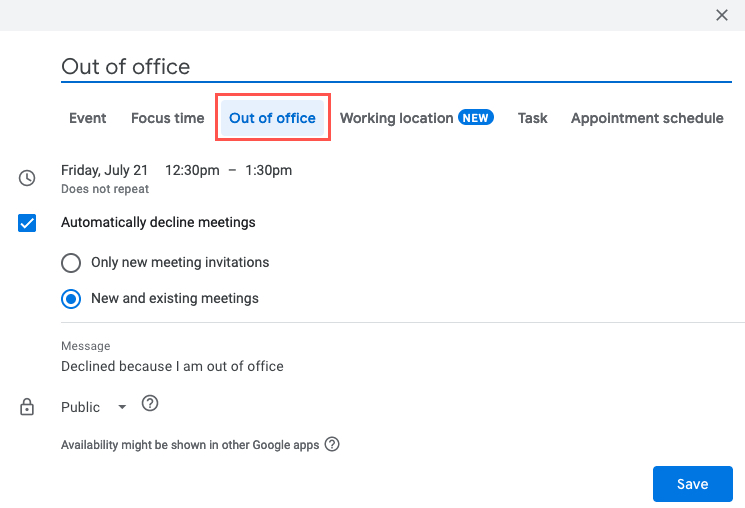 New Event for Out Office in Google Calendar