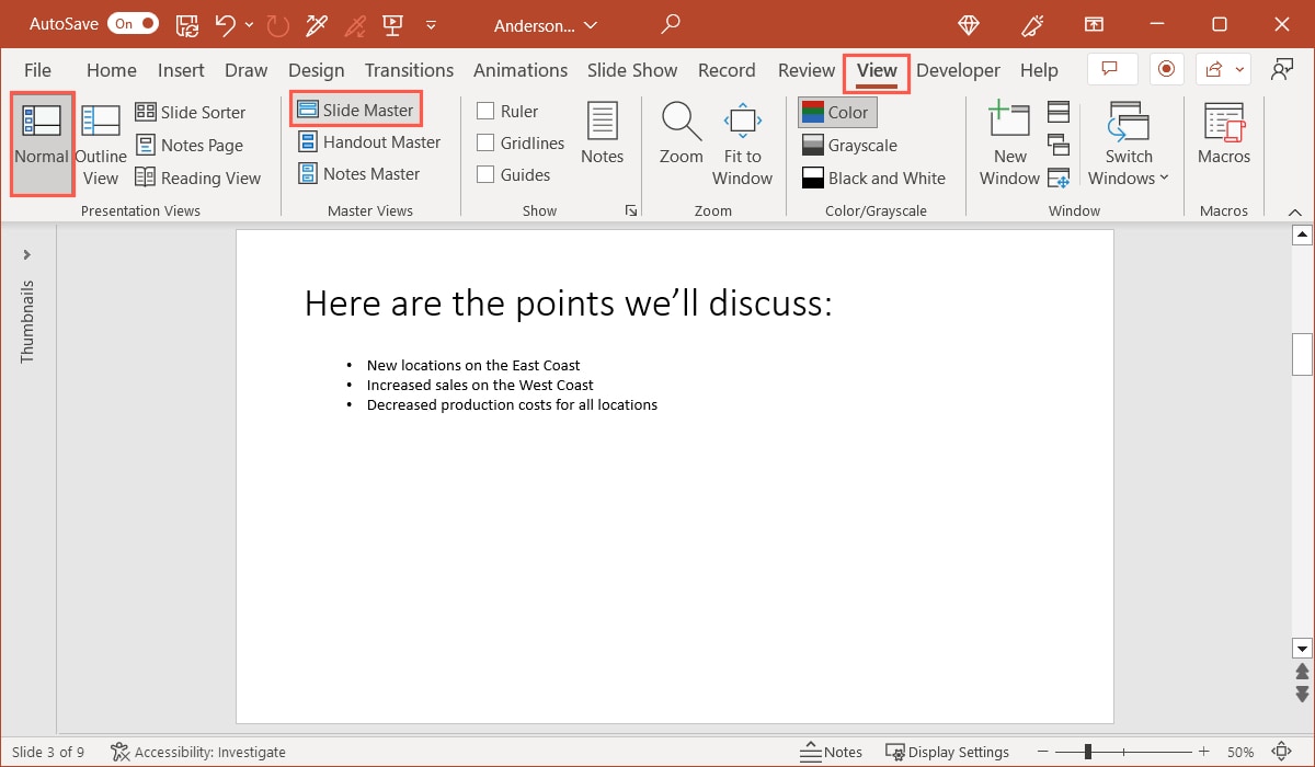 Normal and Slide Master on the View tab