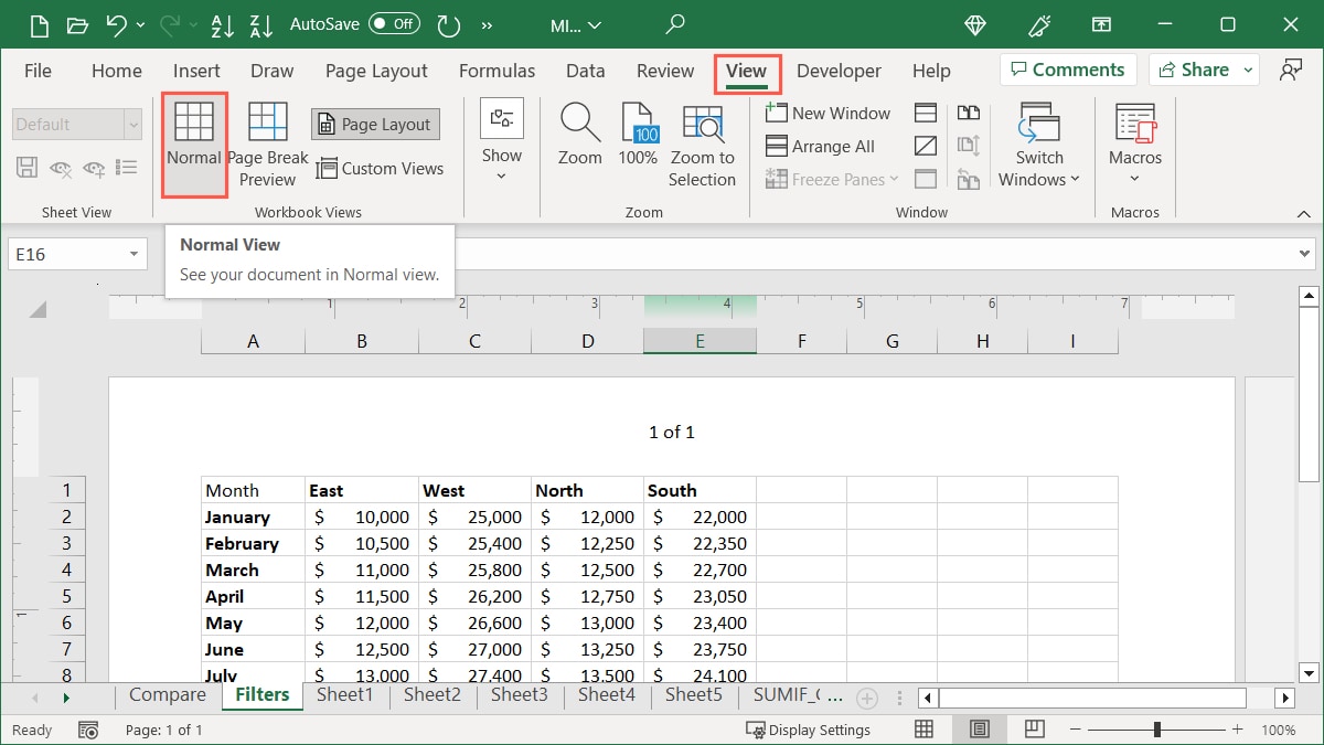 Normal on the View tab in Excel