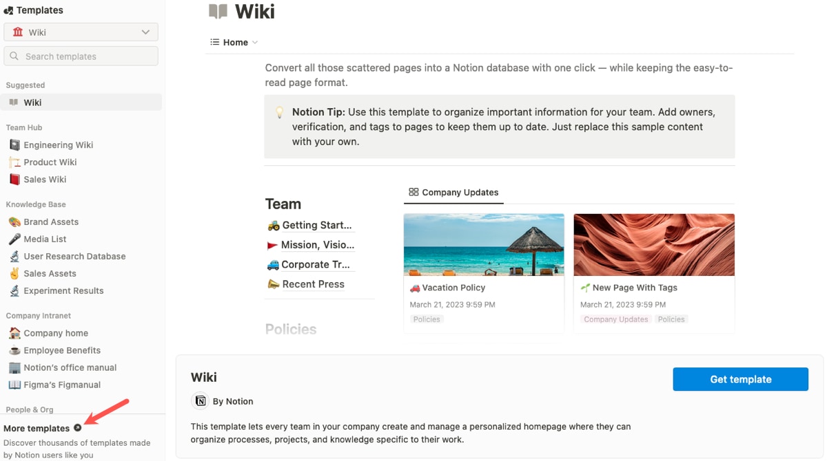 Notion Templates with  the More Templates link