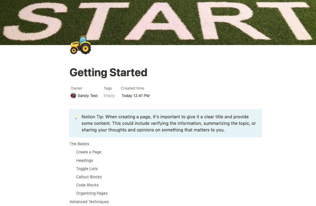 Notion Wiki template Getting Started page