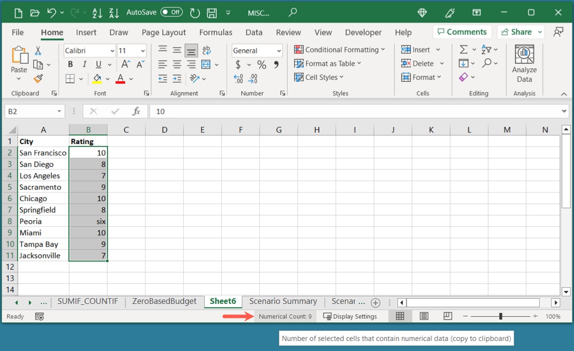 Numerical Count in the Excel Status Bar