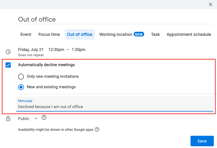 Out of Office Decline options and Message field