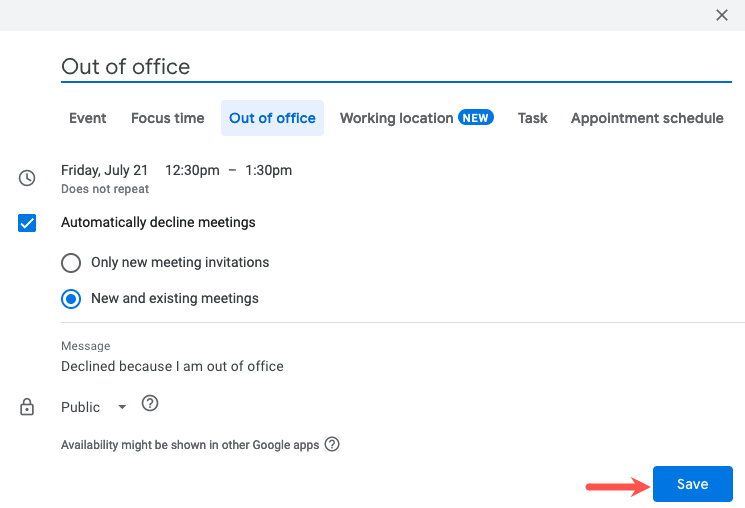 Out of Office Save button